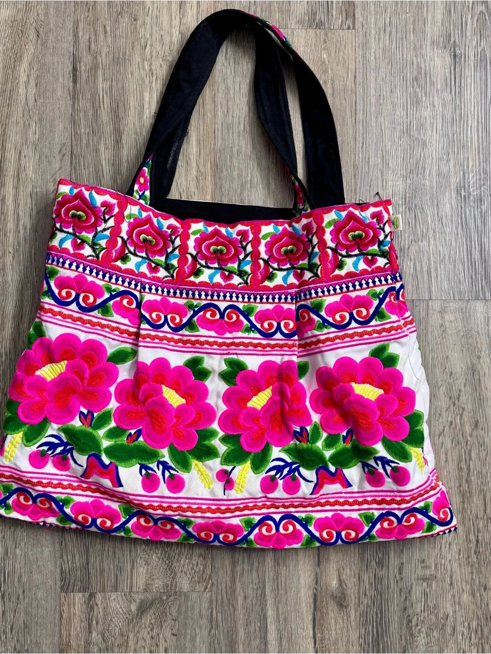 Hand-Embroidered Pink Floral Tote Bag